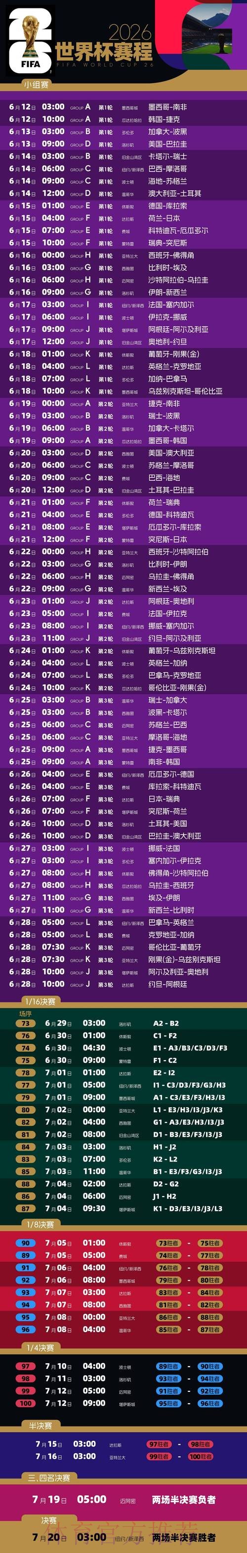 2026世界杯完整赛程高清版实时赛程实时查看