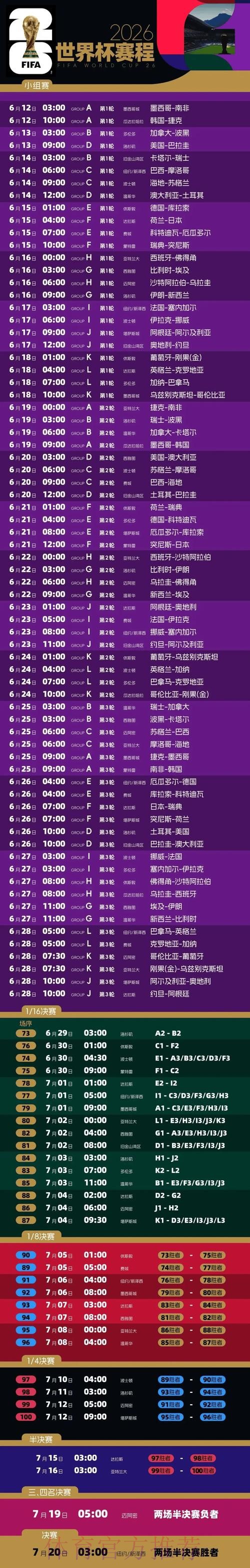 2026世界杯每日赛程实时更新完整安排实时查看 2026世界杯每日赛程实时更新完整安排实时查看